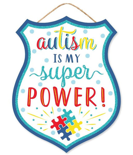 Autism Power Badge Wooden Sign : Blue Red White Yellow - 12 Inches