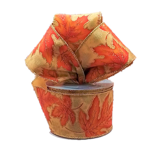 Metallic Leaves Leaf Fall Ribbon : Orange, Gold - 2.5 Inches x 10 Yards (30 Feet)