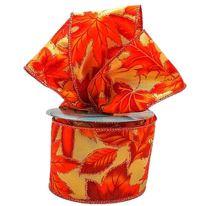 Metallic Leaves Leaf Fall Ribbon : Orange, Gold - 2.5 Inches x 10 Yards (30 Feet)