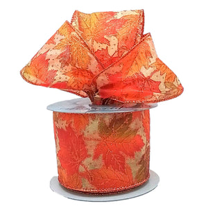 Metallic Leaves Leaf Fall Ribbon : Orange, Gold - 2.5 Inches x 10 Yards (30 Feet)