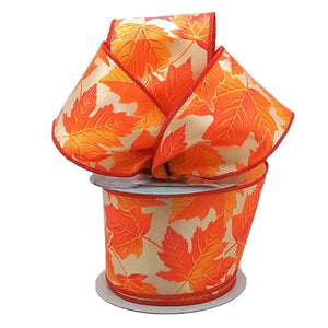 Metallic Leaves Leaf Fall Ribbon : Orange, Gold - 2.5 Inches x 10 Yards (30 Feet)