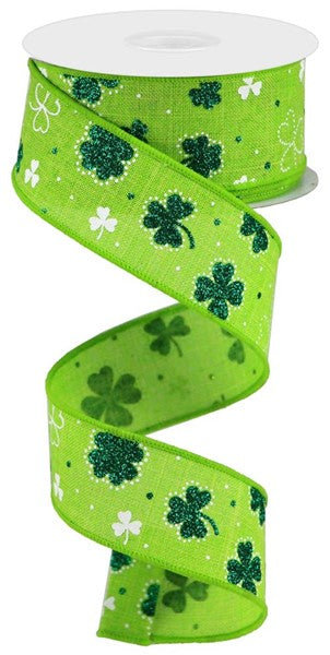 Glitter Shamrocks on Canvas Wired Ribbon : Fresh Green - 1.5 inches x 10 yards