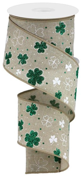 Clover Green Burlap White St. Patrick's Wired Ribbon : 2.5 inches x 10 Yards (30 Feet)