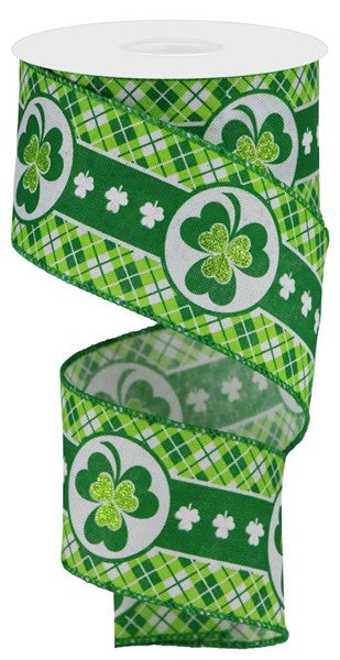 Glitter Shamrock & Diamond St Patricks Day Plaid Wired Ribbon : Multi Green - 2.5 Inches x 10 Yards (30 Feet)