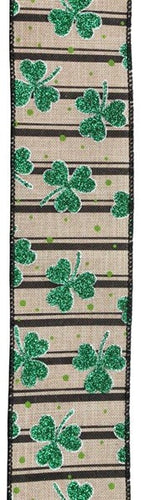 Glitter Shamrock Clover St Patricks Day Wired Ribbon : Beige, Emerald Green, Black - 2.5