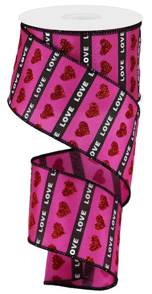 Glitter Heart Love Stripe Valentine's Day Wired Ribbon (Pink, Red, Black, White) 2.5