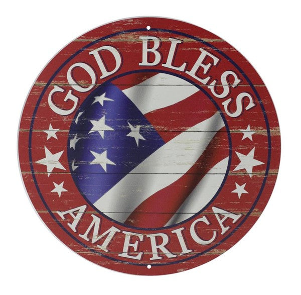 God Bless America Metal Sign : Fourth of July Flag Red - 12 Inches Round