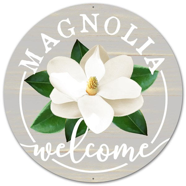 Magnolia Welcome Round Tin Sign : 12 Inches
