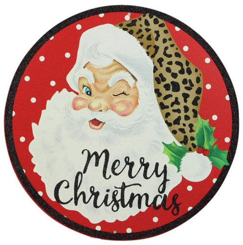 Santa Leopard Hat Merry Christmas Metal Sign : Red Black Green Brown - 12 Inches Diameter