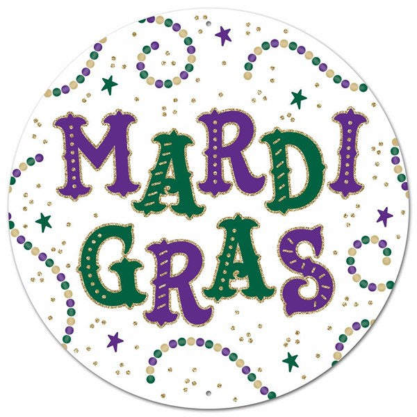 Glitter Mardi Gras Metal Circle Sign : Emerald Purple White - 12 Inches Round