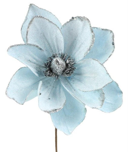 Light Blue Silver Velvet Christmas Floral Pick : - 9 Inches Long x 7 Inches Wide