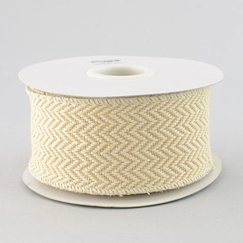 Woven Jacquard Chevron Wired Ribbon : Natural Beige - 2.5 Inches x 10 Yards (30 Feet)