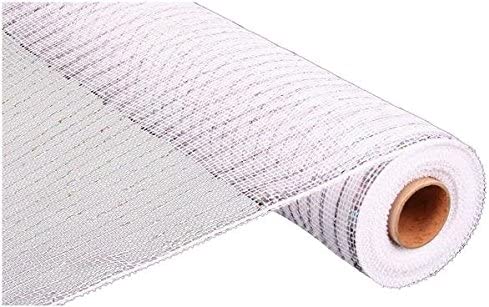 Deco Poly Mesh Ribbon : Metallic White Silver - 21 Inches x 10 Yards (30 Feet)