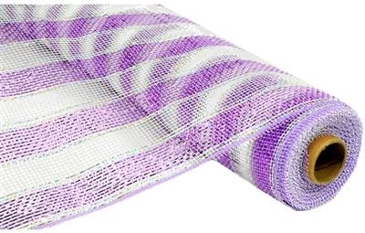 Poly Deco Stripe Mesh Ribbon: Lavender White - 21 Inches x 10 Yards (30 Feet)