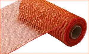 Deco Poly Mesh Ribbon : Metallic Gold Red with Laser Gold Foil - 10 Inches x 10 Yards (30 Feet)