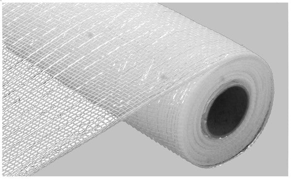 Deco Poly Mesh Ribbon : Metallic White with White Foil - 10 Inches x 10 Yards (30 Feet)