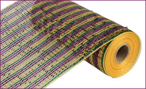 Deluxe Thin Stripe Deco Mesh Ribbon : Purple Gold Emerald Green - 10 Inches x 10 Yards (30 Feet)