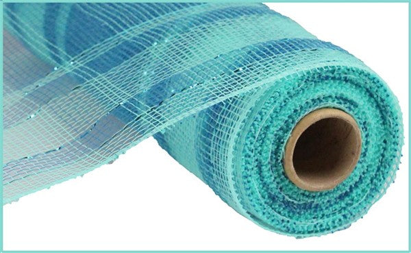 Plaid Metallic Deco Poly Mesh Ribbon : Aqua Blue Turquoise Blue - 10 Inches x 10 Yards (30 Feet)