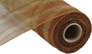 Plaid Metallic Deco Poly Mesh Ribbon : Bronze Natural Beige Laser Gold - 10 Inches x 10 Yards (30 Feet)