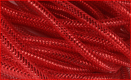 Deco Mesh Ribbon Flex Tubing: Red with Metallic Foil - 8mm x 30 Yards (90 Feet)