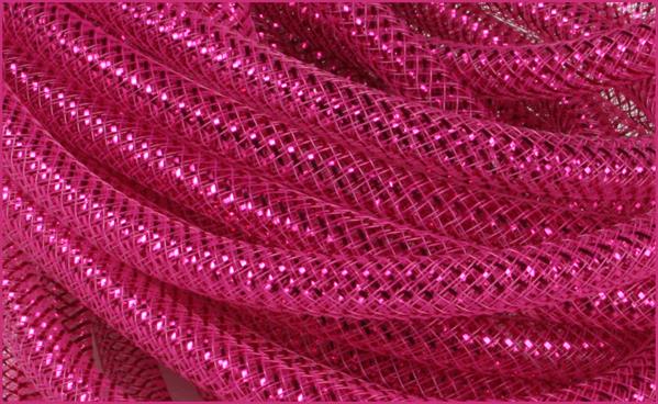 Deco Mesh Ribbon Flex Tubing: Fuchsia Pink with Fuchsia Metallic Foil - 8mm x 30 Yards (90 Feet)