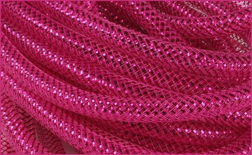 Deco Mesh Ribbon Flex Tubing: Fuchsia Pink with Fuchsia Metallic Foil - 8mm x 30 Yards (90 Feet)