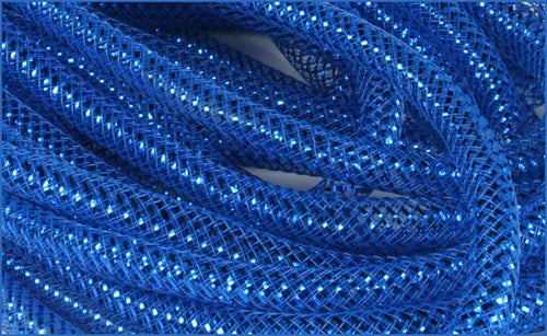 Deco Mesh Ribbon Flex Tubing: Royal Blue with Metallic Foil - 8mm x 30 Yards (90 Feet)