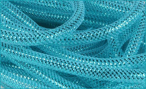 Deco Mesh Ribbon Flex Tubing: Turquoise Blue with Metallic Foil - 8mm x 30 Yards (90 Feet)