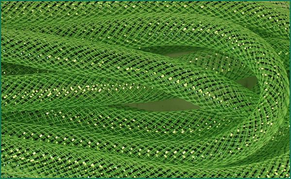 Deco Mesh Ribbon Flex Tubing: Lime Green Foil - 16mm x 10 Yards (30 Feet)