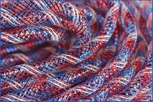 Deco Mesh Ribbon Flex Tubing: Royal Blue Red White with Metallic Foil - 8mm x 30 Yards (90 Feet)