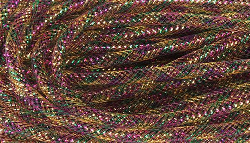 Deco Mesh Ribbon Flex Tubing: Purple Gold Green with Metallic Foil - 8mm x 30 Yards (90 Feet)