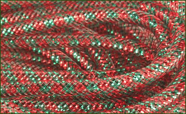 Deco Mesh Ribbon Flex Tubing: Red Emerald Green with Metallic Foil - 8mm x 30 Yards (90 Feet)