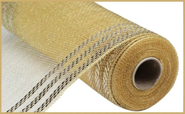 Border Stripe Deco Mesh Ribbon : Metallic Champagne, Champagne Foil - 10 Inches x 10 Yards (30 Feet)