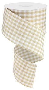 Gingham Check Wired Ribbon : Cream, Tan Beige - 2.5 Inches x 10 Yards (30 Feet)