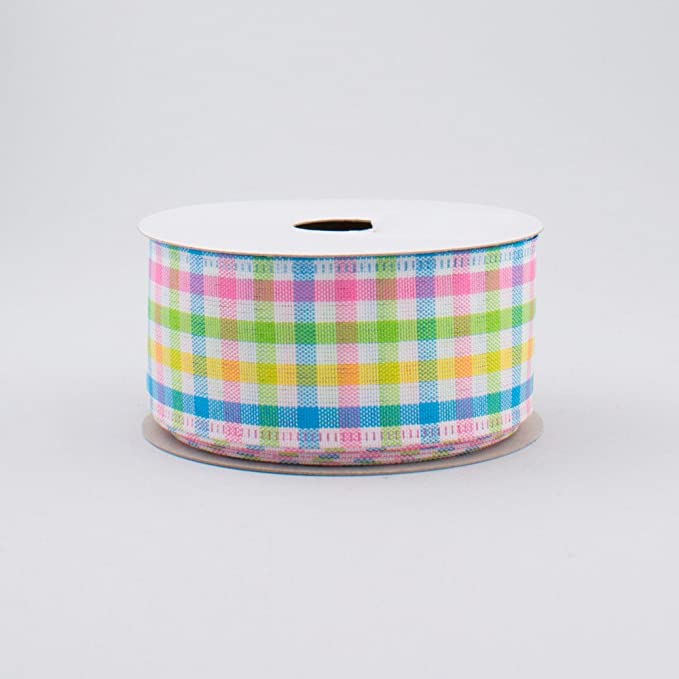 Mini Pastel Gingham Check Wired Ribbon: Blue Pink Yellow White - 1.5 inches x 10 yards (30 feeet)