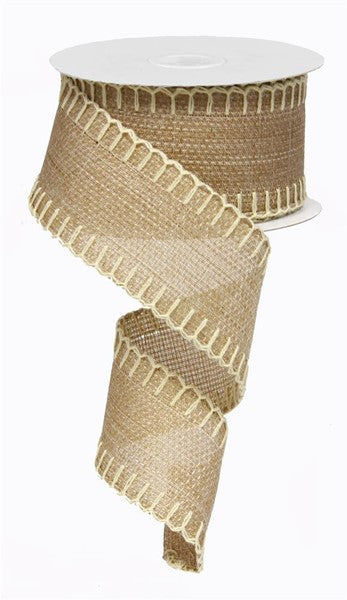 Cross Stitch Wired Ribbon : Beige Cream - 2.5 Inches x 10 Yards (30 Feet) 