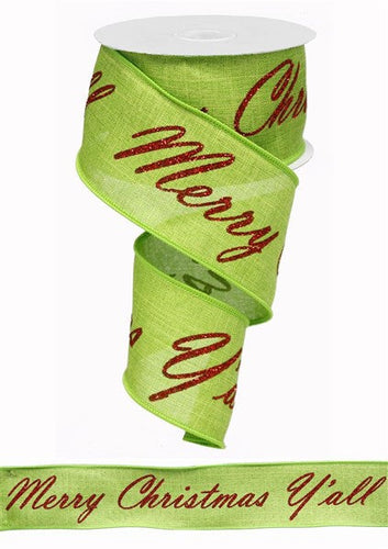 Merry Christmas Y'all Text Wired Ribbon : Green, Red - 2.5 Inches x 10 Yards (30 Feet)