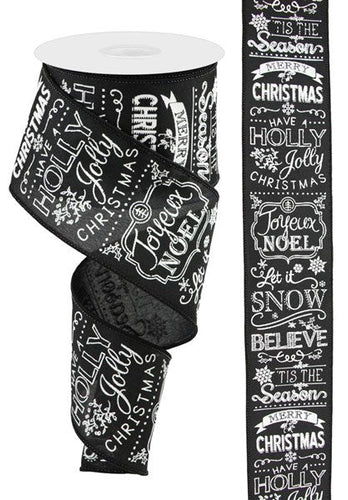 Black Satin Christmas Phrases Wired Ribbon: Black, White - 2.5 Inches x 10 Yards (30 Feet)