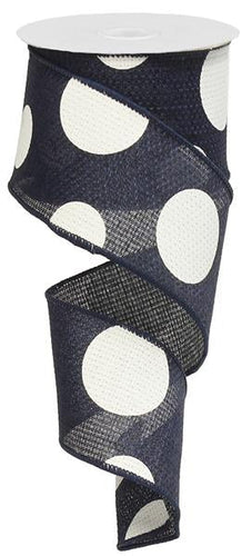 Giant Multi Dots Faux Burlap Wired Ribbon : Navy Blue White - 2.5 Inches x 10 Yards (30 Feet)