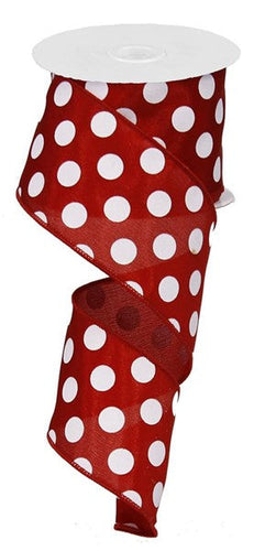 Polka Dot Wired Ribbon : Crimson Red White - 2.5 Inches x 10 Yards (30 Feet)