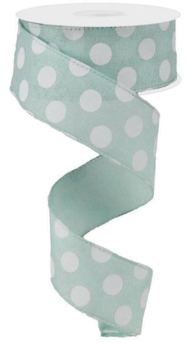 Polka Dot Wired Ribbon : Mint Green White - 1.5