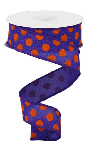 Polka Dot Canvas Wired Ribbon - 1.5 Inches x 10 Yards (Purple, Orange)