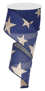 Star Wired Ribbon : Beige Navy Blue - 2.5 Inches x 10 Yards (30 Feet)