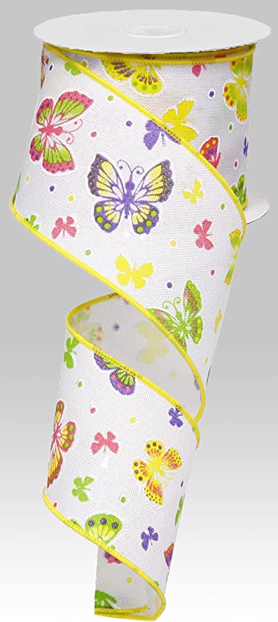 Spring Multi Color Butterflies on Royal Canvas Wired Edge Ribbon : White, Pink, Yellow - 2.5 Inches x 10 Yards (30 Feet)