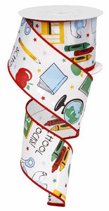 School Rocks Wired Ribbon White Multi Colored - 2.5 Inches x 10 Yards (30 Feet)