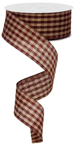 Primitive Gingham Check Wired Edge Ribbon, 10 Yards (Burgundy, Tan, 1.5")