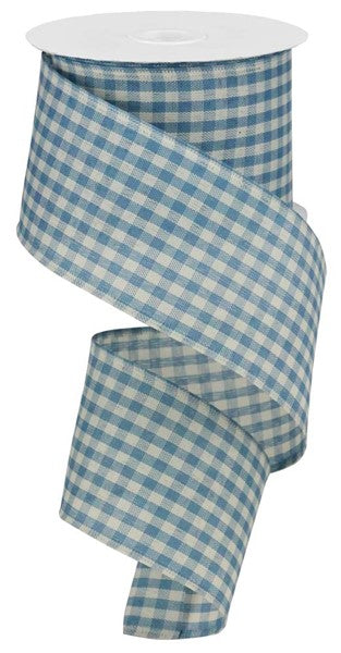 Primitive Gingham Check Wired Ribbon: Farmhouse Blue, Ivory - 2.5 Inches x 10 Yards (30 Feet)