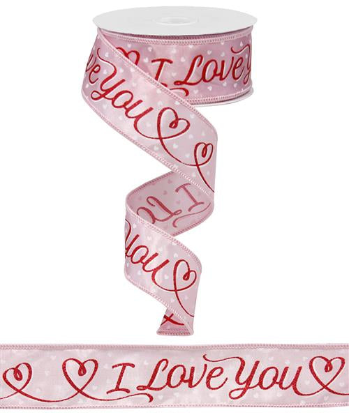 Valentine I Love You Print with Mini Hearts Wired Ribbon: Pink Red - 1.5 Inches x 10 Yards (30 Feet)