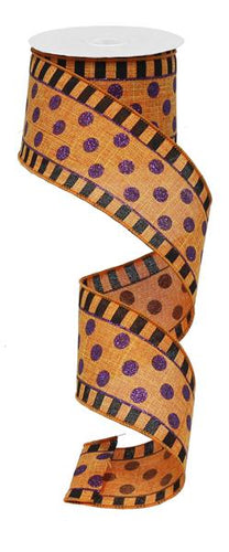 Glitter Stripes and Dots Wired Ribbon : Orange and Black Halloween - 2.5 Inches x 10 Yards (30 Feet)
