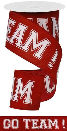 Go Team Print Wired Ribbon : White & Crimson Red - 2.5 Inches x 10 Yards (30 Feet)